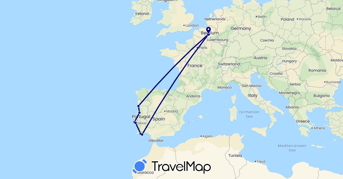 TravelMap itinerary: driving in Belgium, Portugal (Europe)